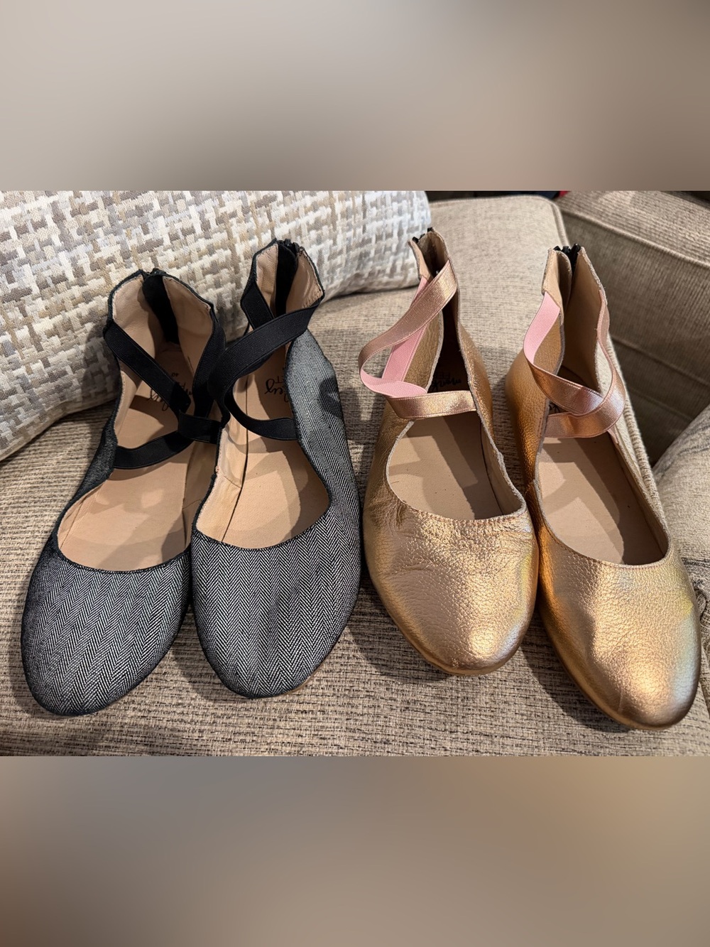 Monkey Feet Leather Ballet Flats Lot Sz 40 US 9-9.5 Metallic Gold & Herringbone
